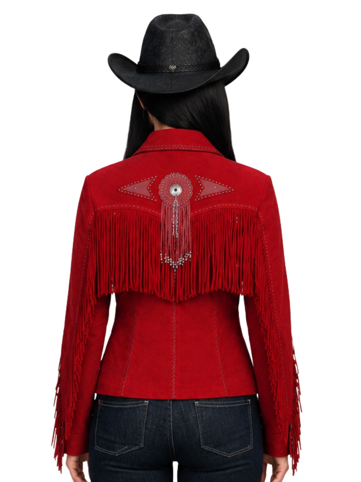Red fringed jacket with decorative back design worn by a person, on a white background