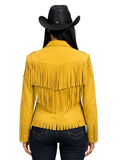 Yellow fringed jacket worn by a person on a white background