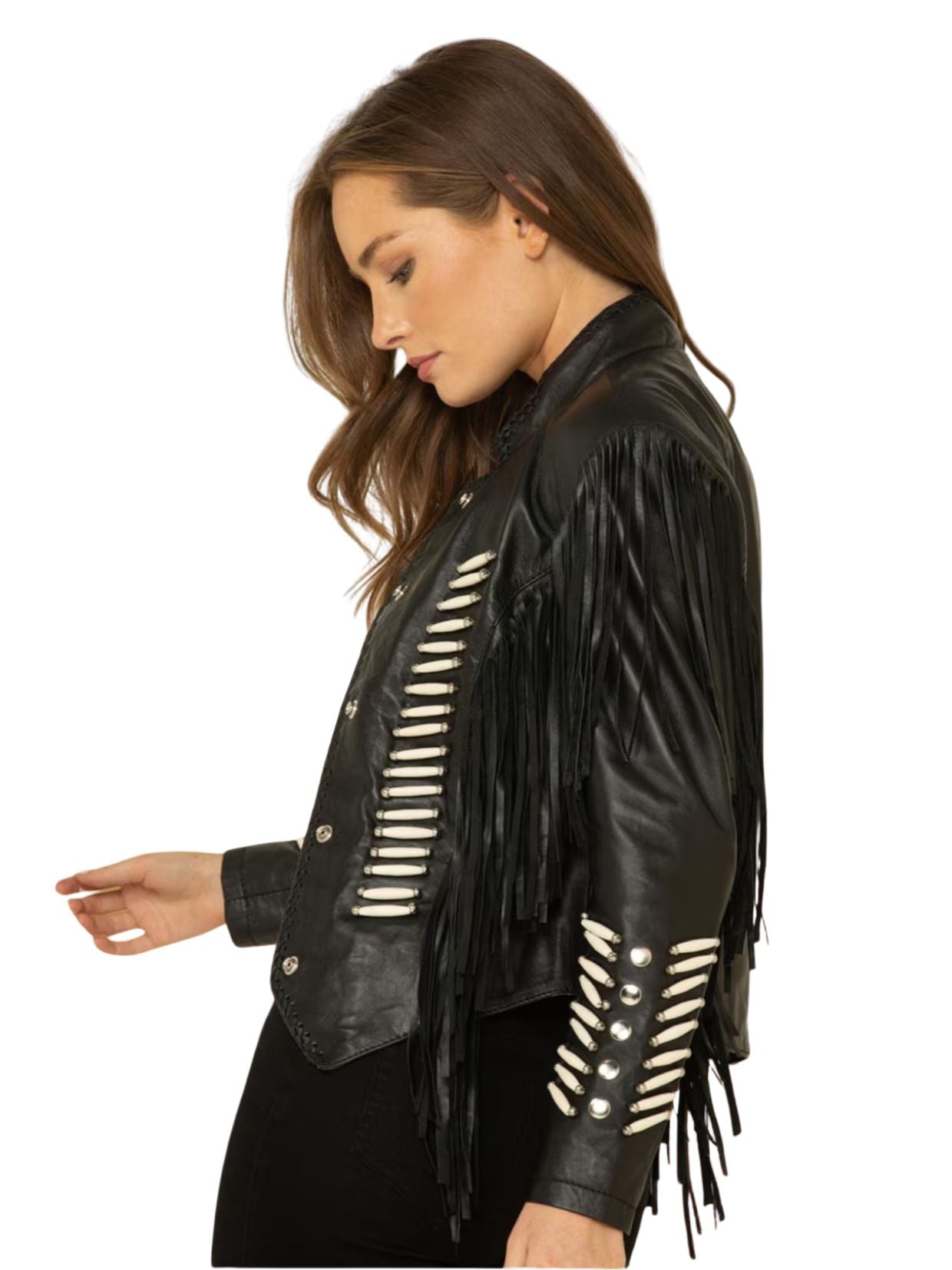 Woman wearing a black leather jacket with fringe details on a white background