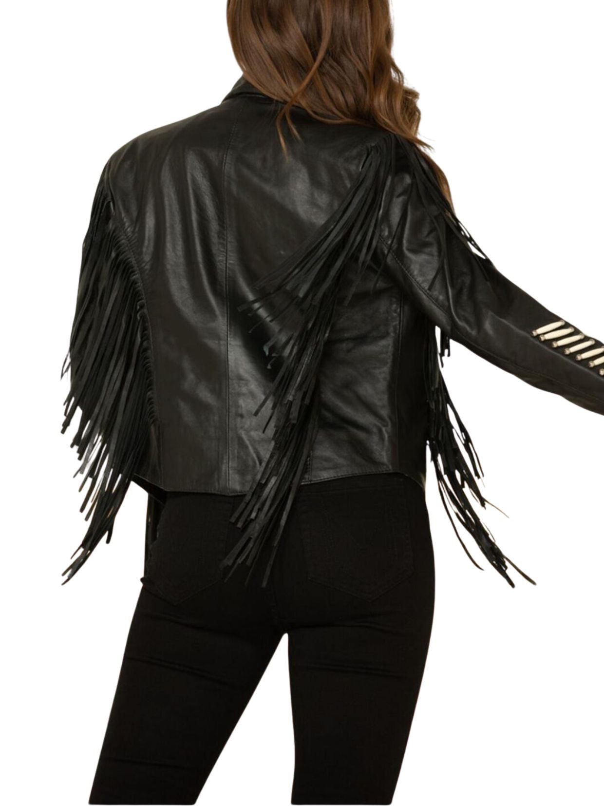 Black leather fringe jacket worn by a person on a white background