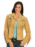 Woman wearing a tan fringed jacket on a white background
