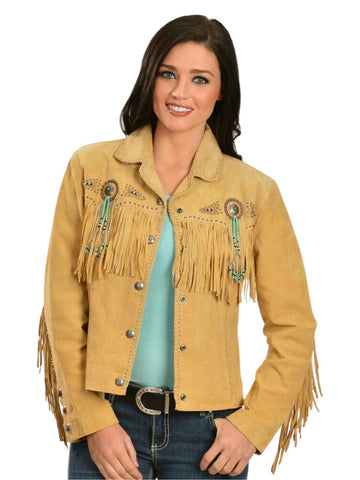 Woman wearing a tan fringed jacket on a white background