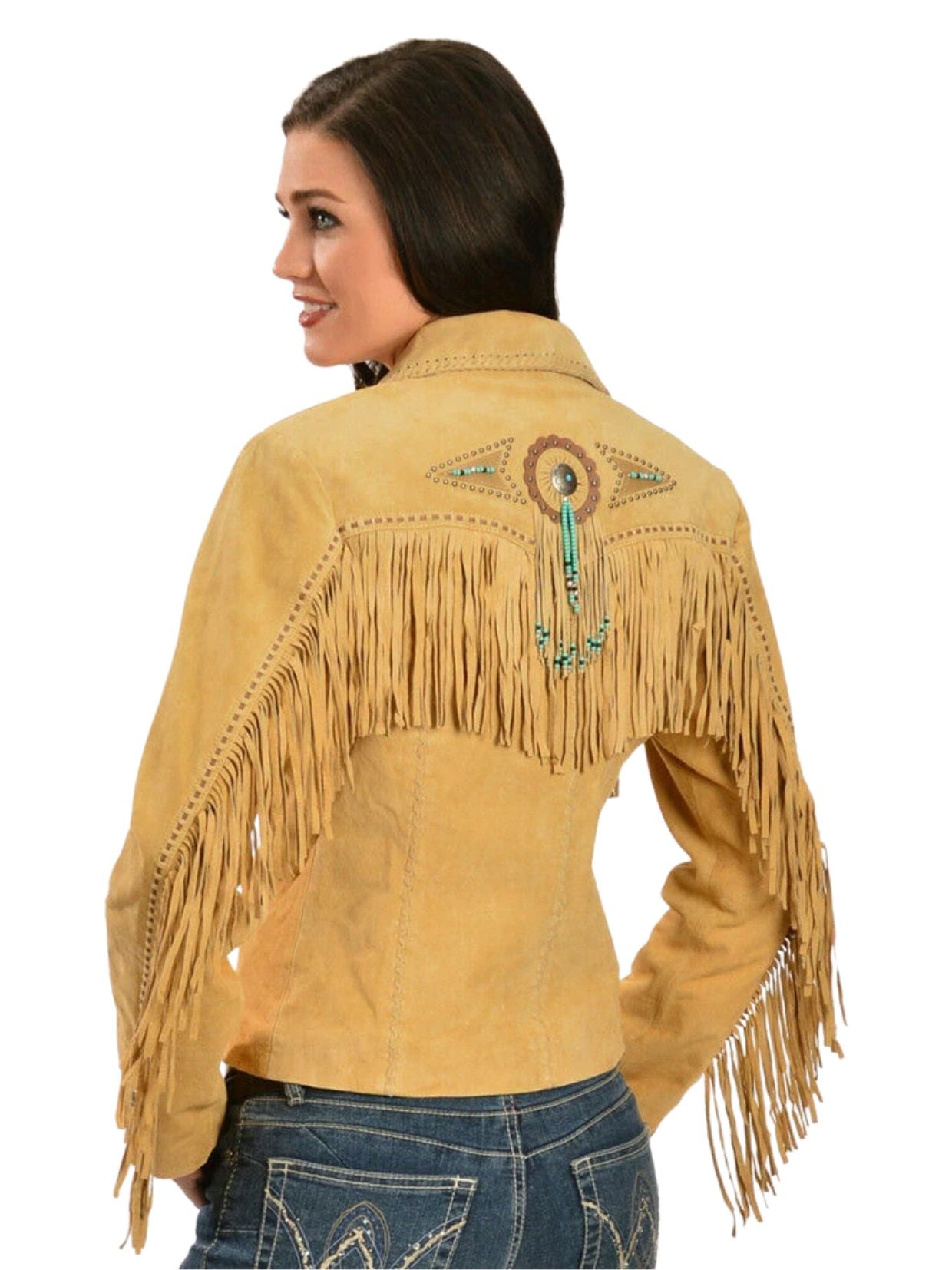 Woman wearing a tan fringed jacket with decorative elements on a white background