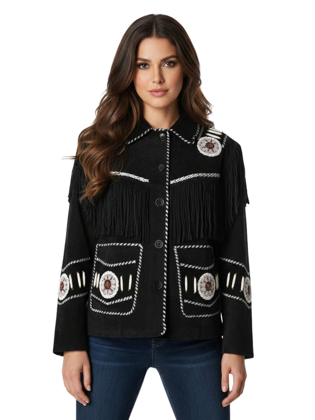 Woman wearing a black fringed jacket with white patterns on a white background