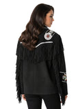 Black fringed jacket with decorative elements on a white background
