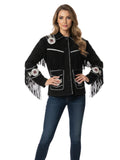 Woman wearing a black fringed jacket with white patterns on a white background