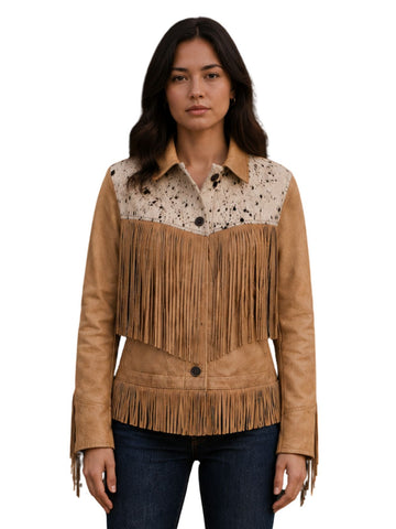 Woman wearing a brown suede jacket with fringe details on a white background