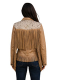 Brown suede jacket with fringe details on a white background