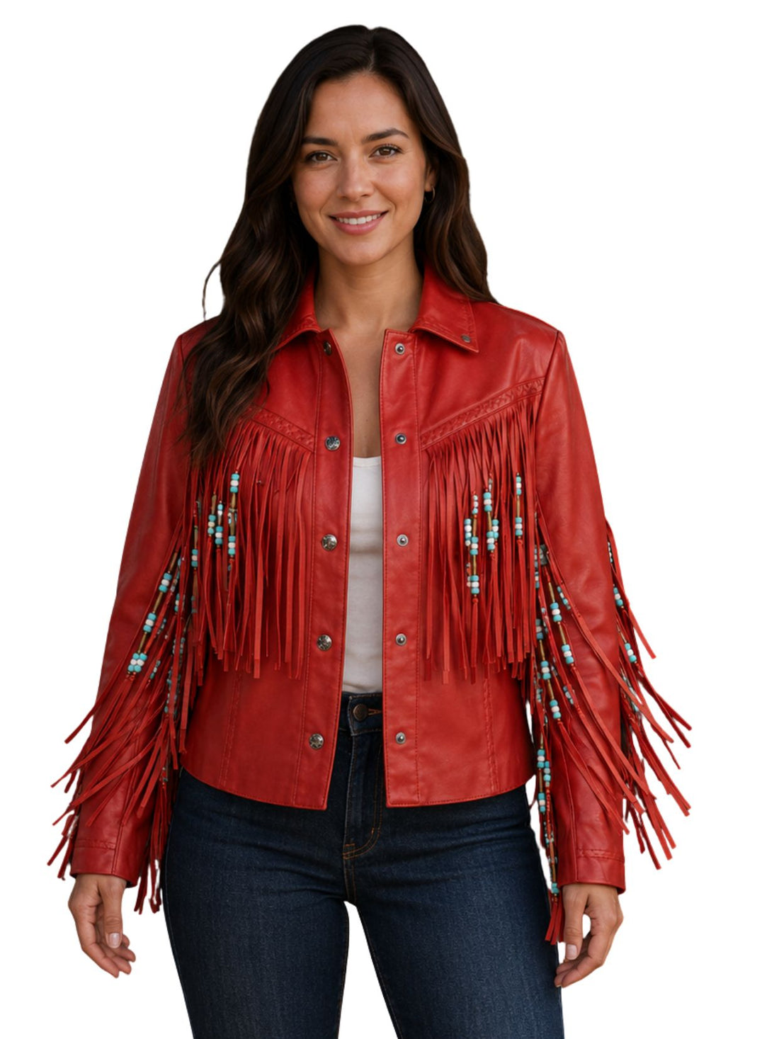 Woman wearing a red fringed jacket on a white background