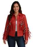 Woman wearing a red fringed jacket on a white background