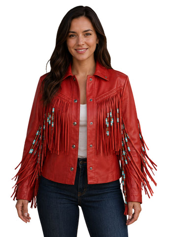 Woman wearing a red fringed jacket on a white background