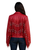 Red fringed leather jacket worn by a person on a white background