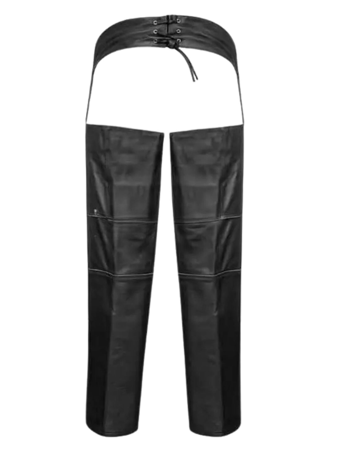 Black leather chaps with side lacing and a matching belt, shown against a plain white background.