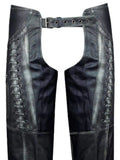 Black leather chaps with lace-up detailing on the sides and a matching leather belt, shown against a plain white background.