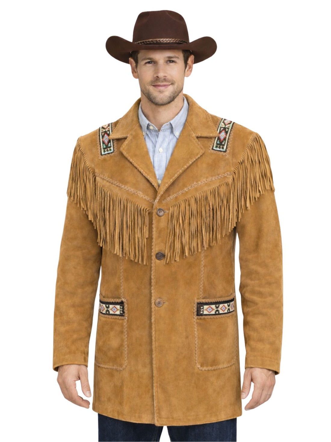 Man wearing a tan leather coat with fringe and decorative straps on a white background