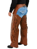Brown leather chaps with fringes and a denim patch on a white background