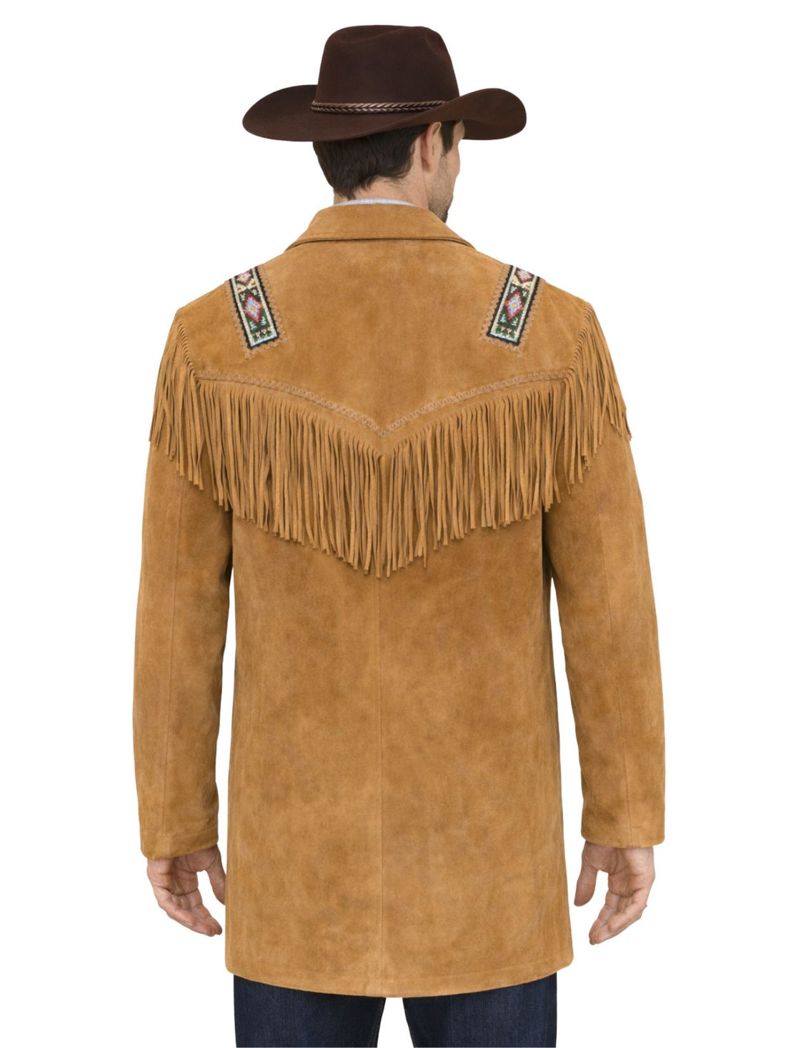 Man wearing a tan leather coat with fringe and decorative straps on a white background
