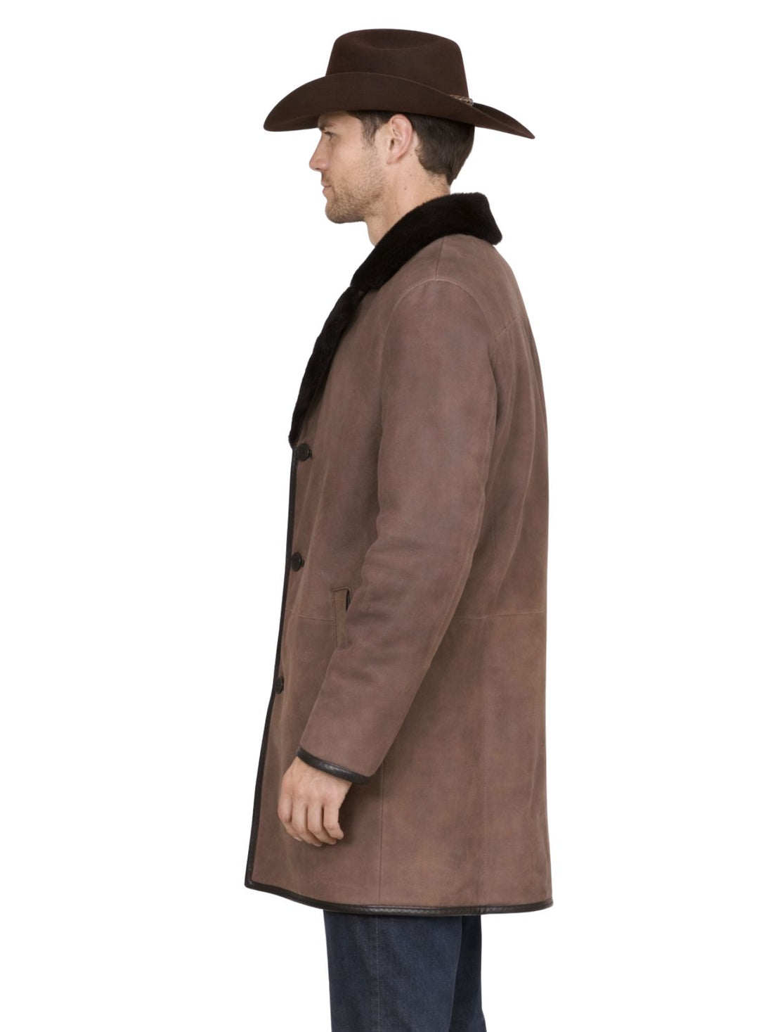 Man wearing a brown leather coat and cowboy hat on a white background