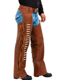 Brown leather chaps with fringe and studs worn over denim shorts on a white background