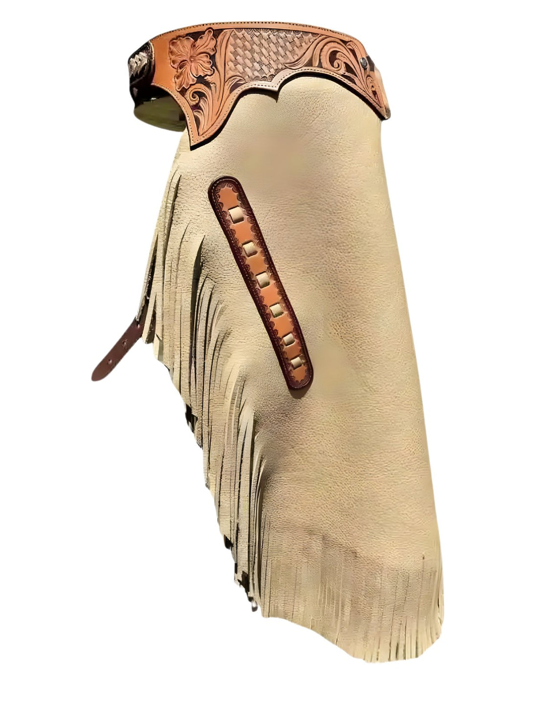 Beige leather boot with brown decorative band and fringes on a white background