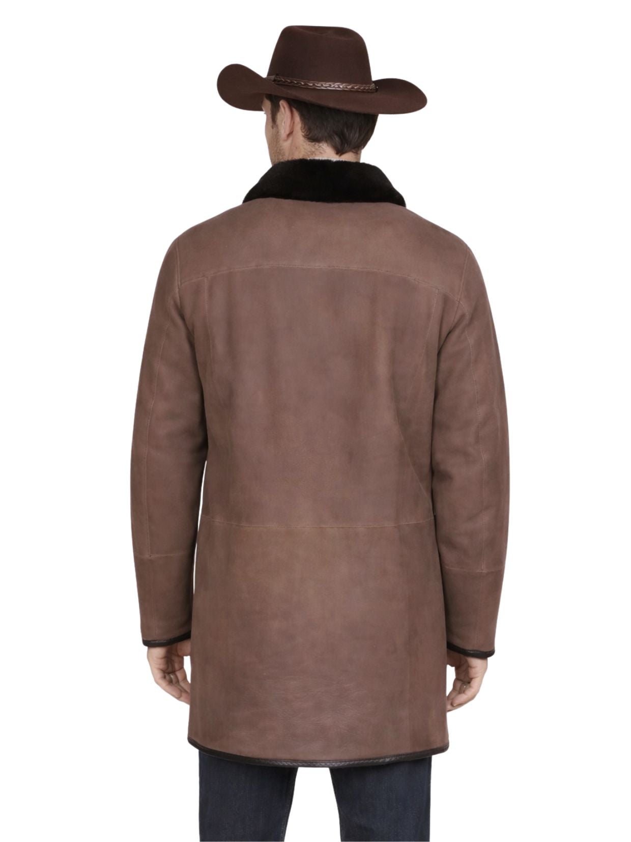 Man wearing a brown suede coat and cowboy hat on a white background
