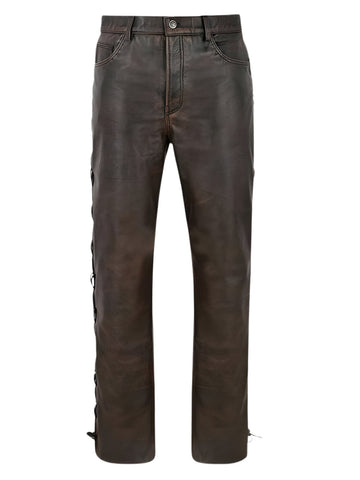 Unisex Lace-Up Leather Pants with Distressed Finish