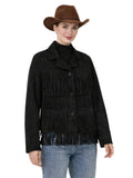 Woman wearing a black fringed jacket and brown cowboy hat on a white background