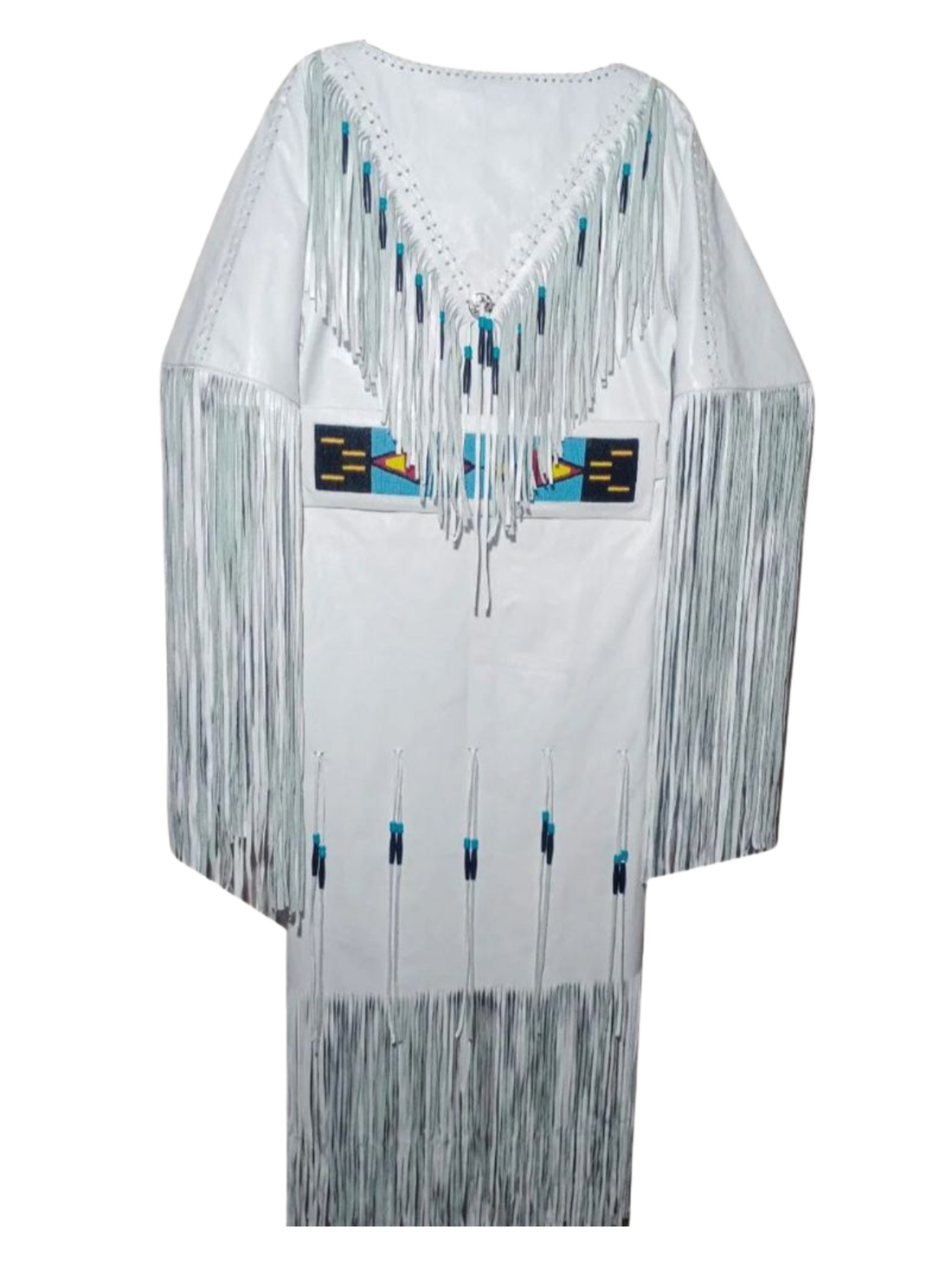 White dress with fringe details on a white background