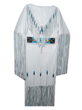 White dress with fringe details on a white background