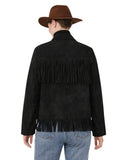 Person wearing a black fringed jacket and brown hat on a white background