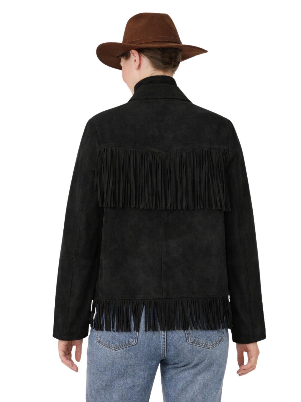 Person wearing a black fringed jacket and brown hat on a white background