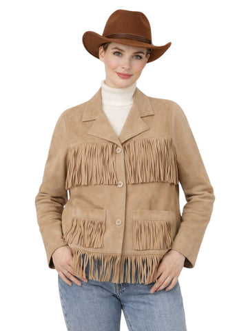 Women Beige Suede Fringe Jacket for Rodeo event