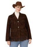 Woman wearing a brown suede jacket with fringes and a matching hat on a white background