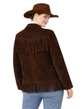 Woman wearing a brown suede jacket with fringe and a matching hat on a white background
