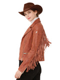 Person wearing a brown suede fringe jacket and cowboy hat on a white background