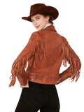 Person wearing a brown suede fringe jacket and cowboy hat on a white background
