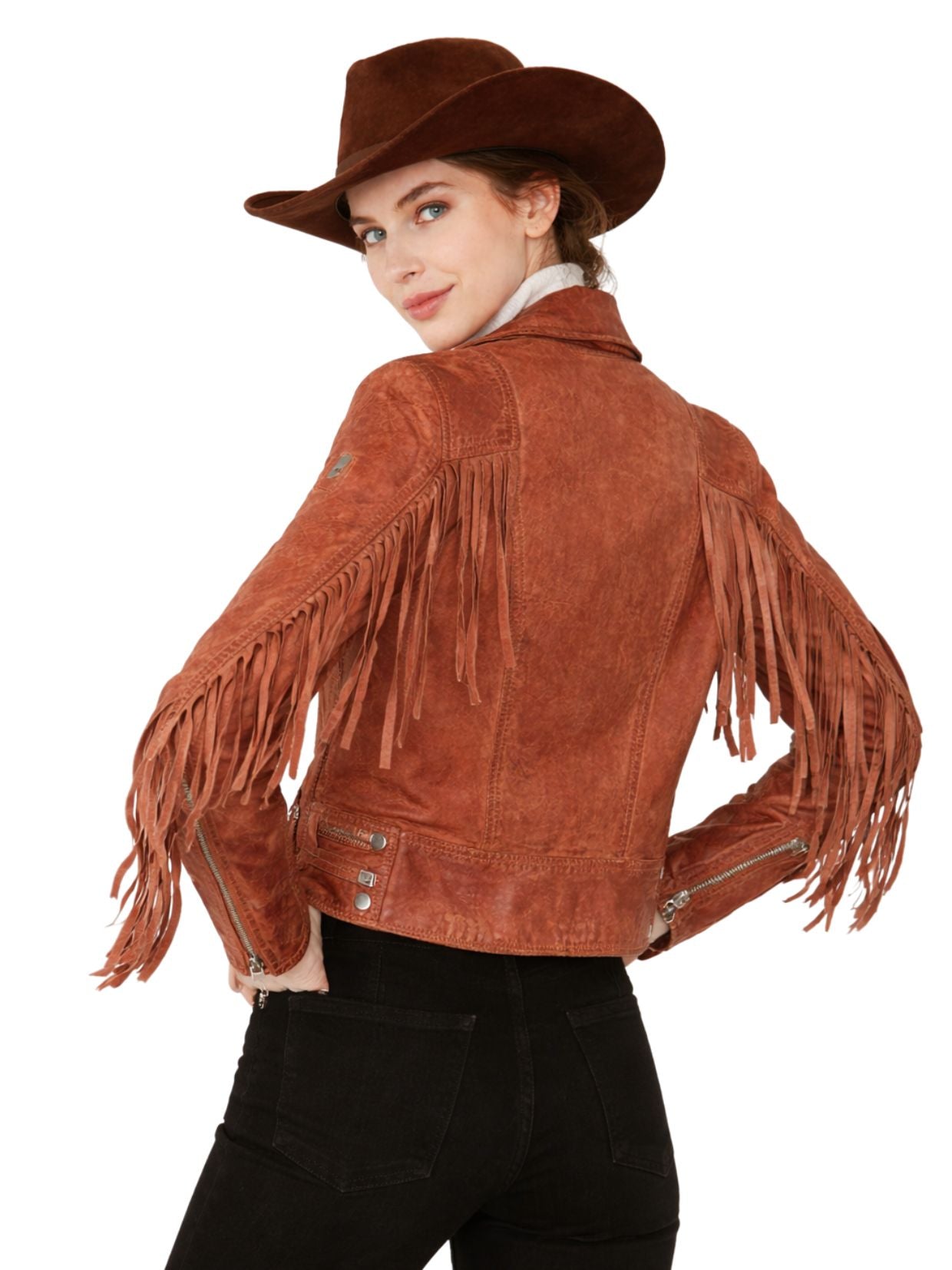 Person wearing a brown suede fringe jacket and cowboy hat on a white background