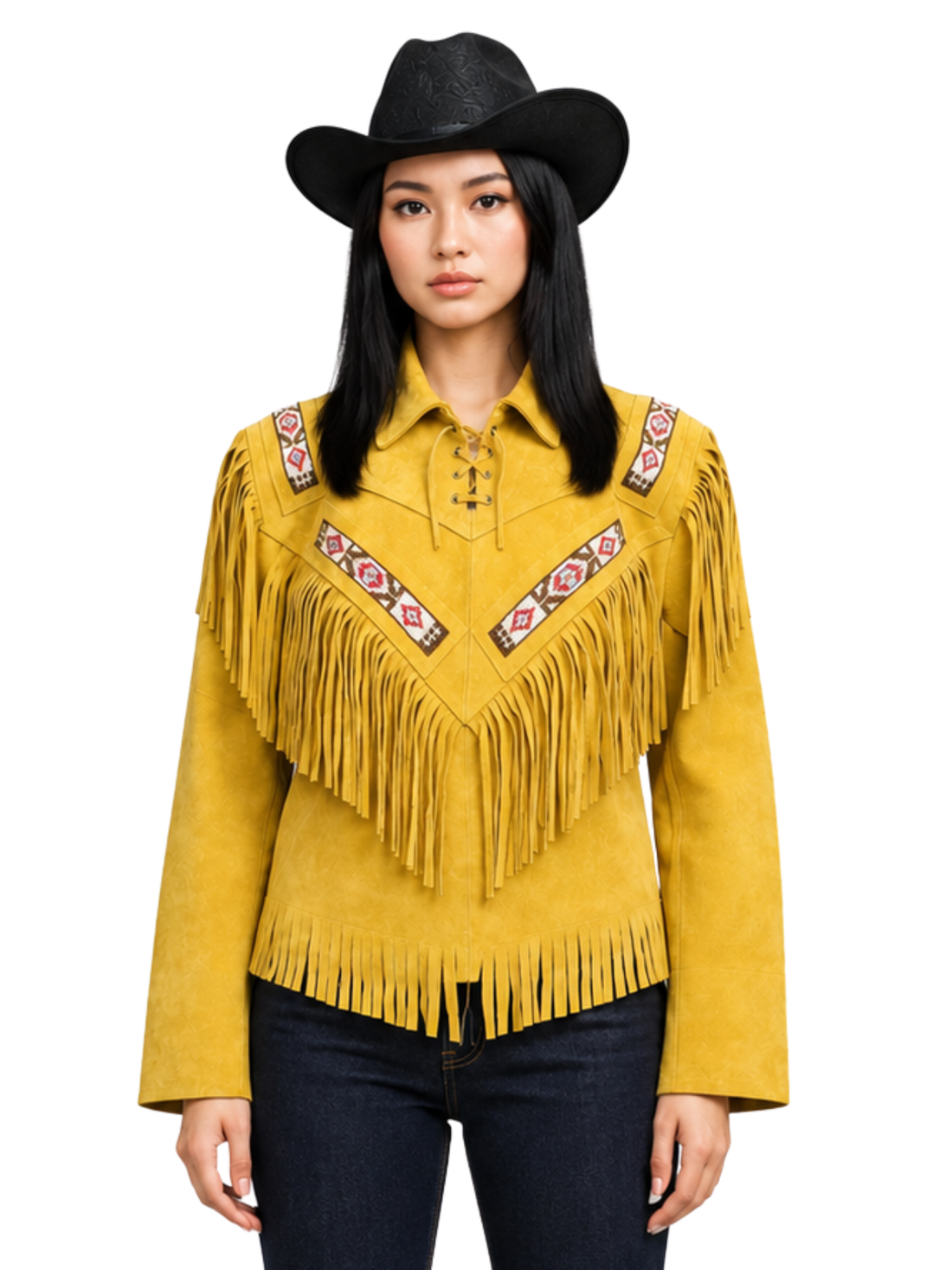 Woman wearing a yellow fringed jacket with decorative elements on a white background