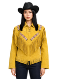 Woman wearing a yellow fringed jacket with decorative elements on a white background
