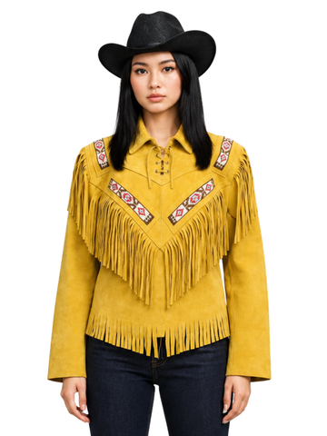 Woman wearing a yellow fringed jacket with decorative elements on a white background