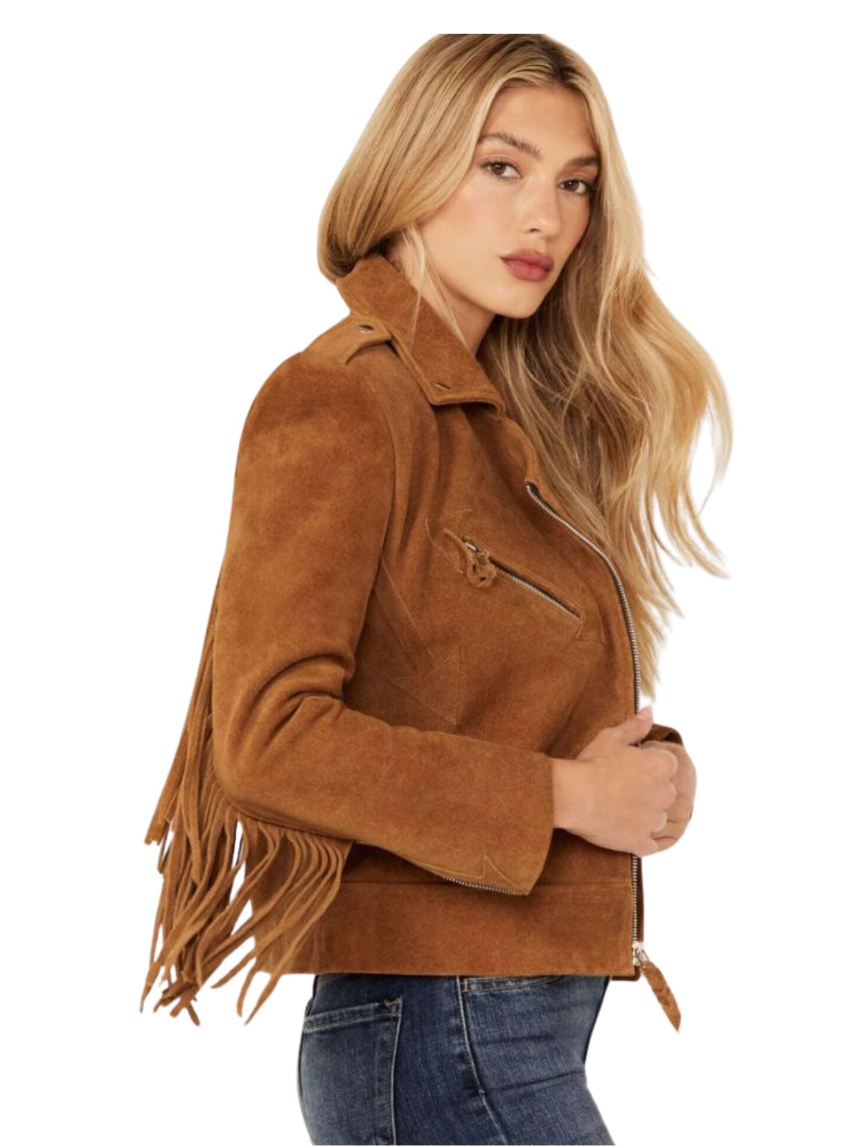 Woman wearing a brown suede jacket with fringes on a white background