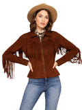 Woman wearing a brown suede fringe jacket with a beige hat on a white background
