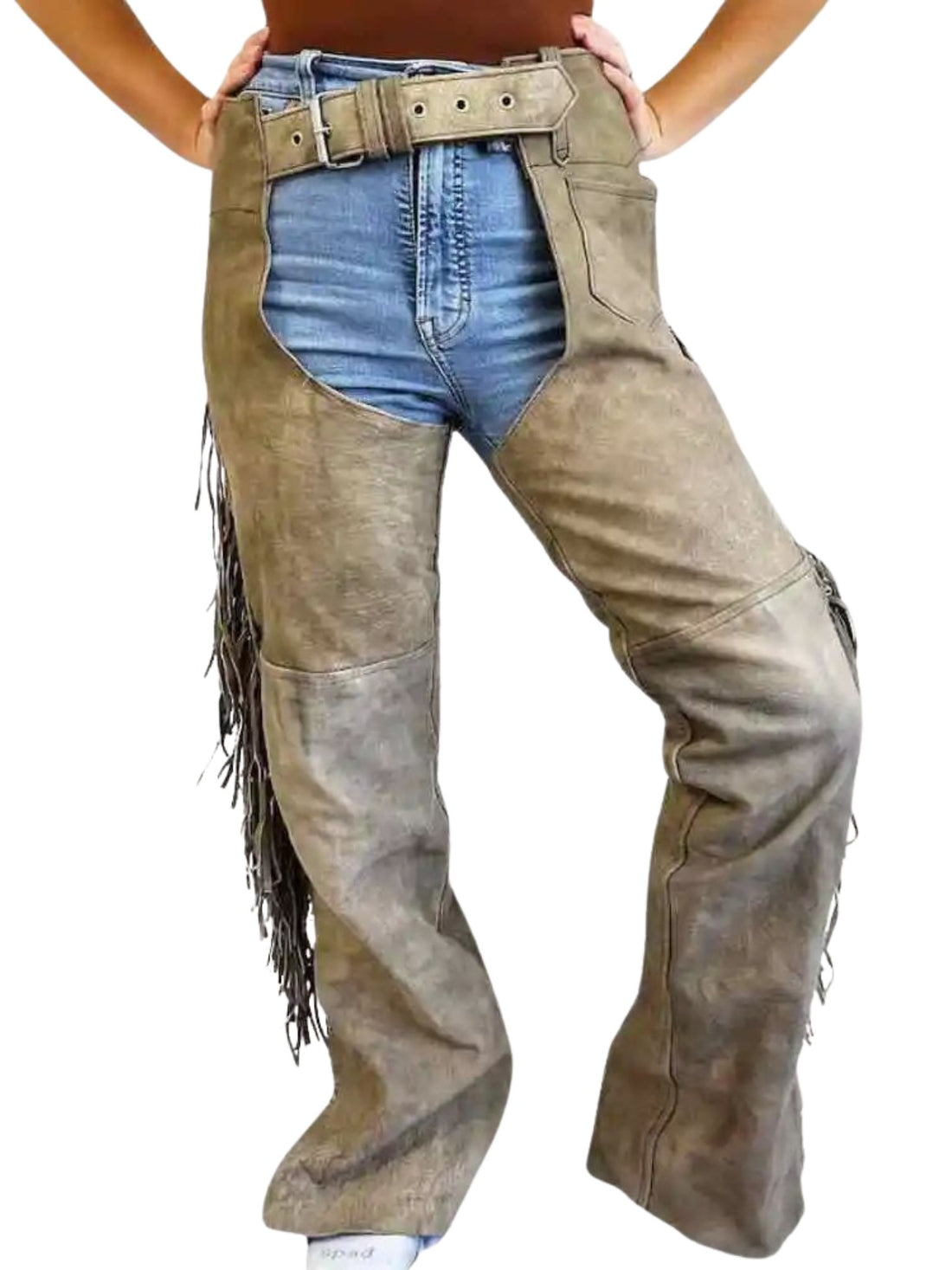 Brown fringed leather pants with blue denim shorts underneath on a white background