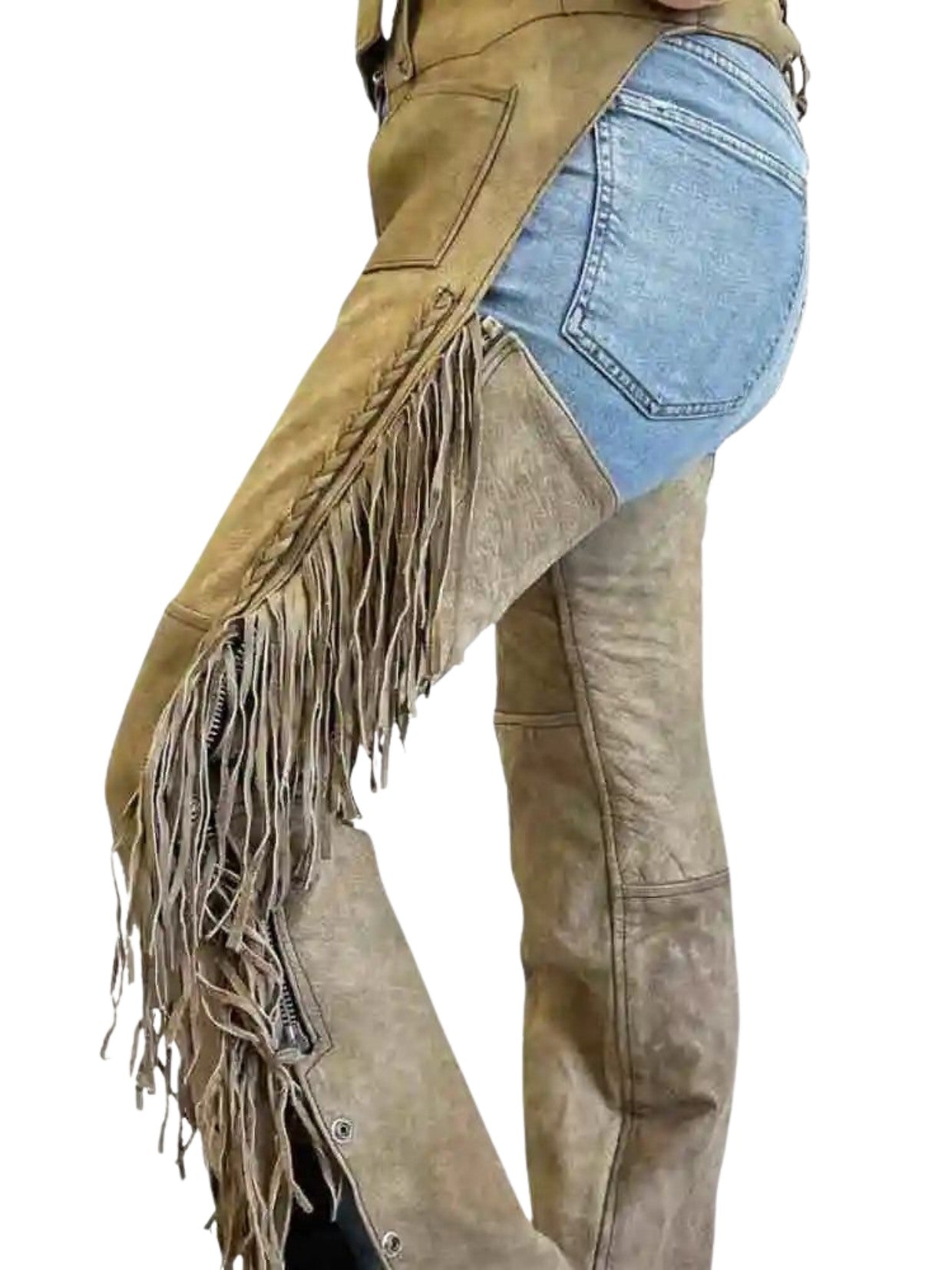 Brown leather pants with fringes and a blue denim patch on a white background