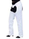 White pants with black accents on a white background