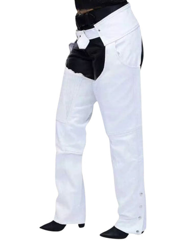 White pants with black accents on a white background