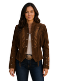 Woman wearing a brown suede fringe jacket on a white background