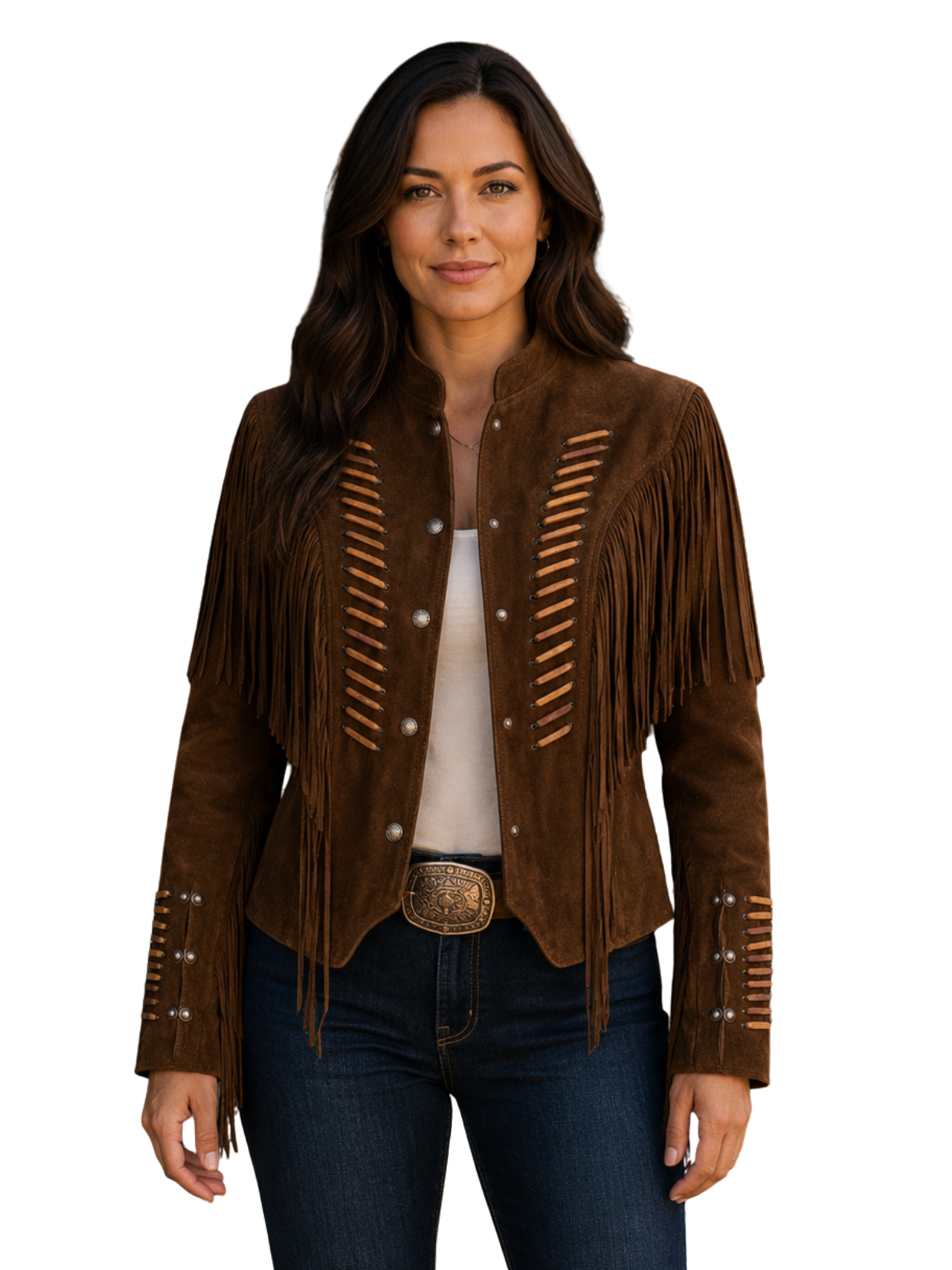Woman wearing a brown suede fringe jacket on a white background