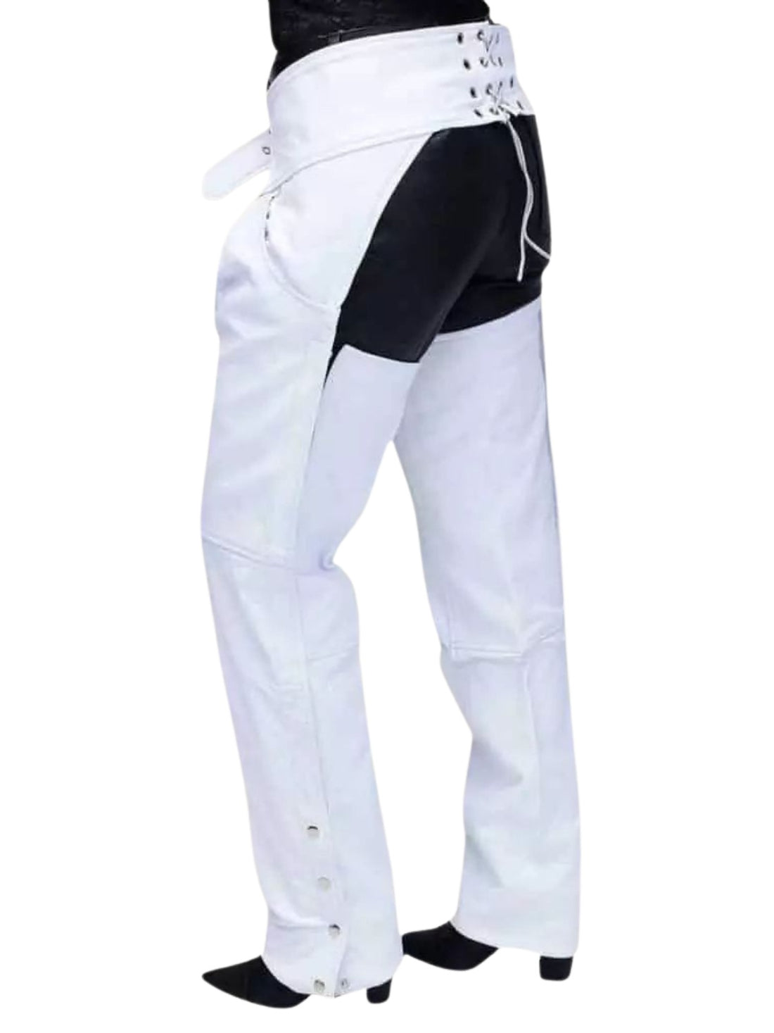 White pants with black accents on a white background