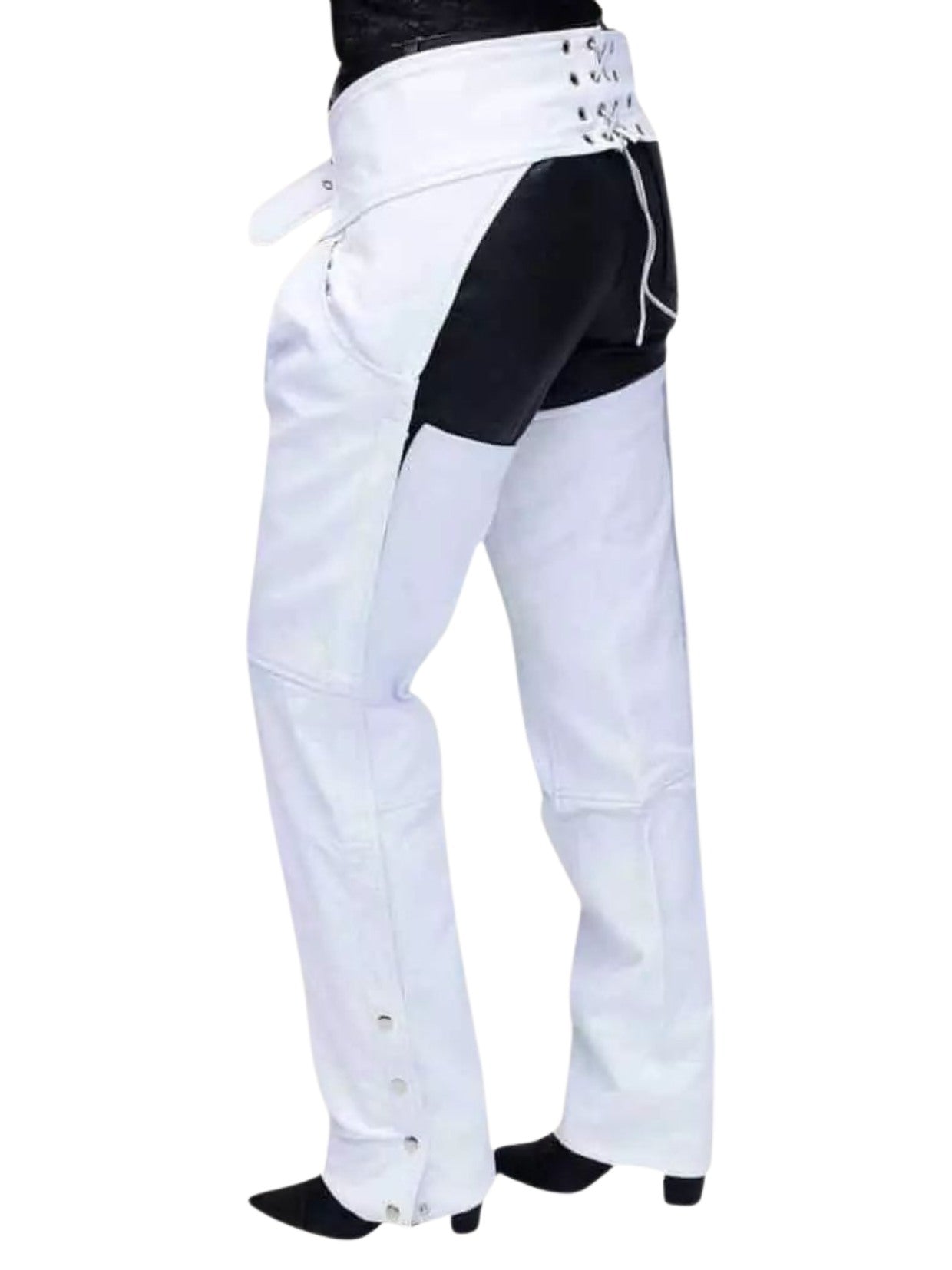 White pants with black accents on a white background